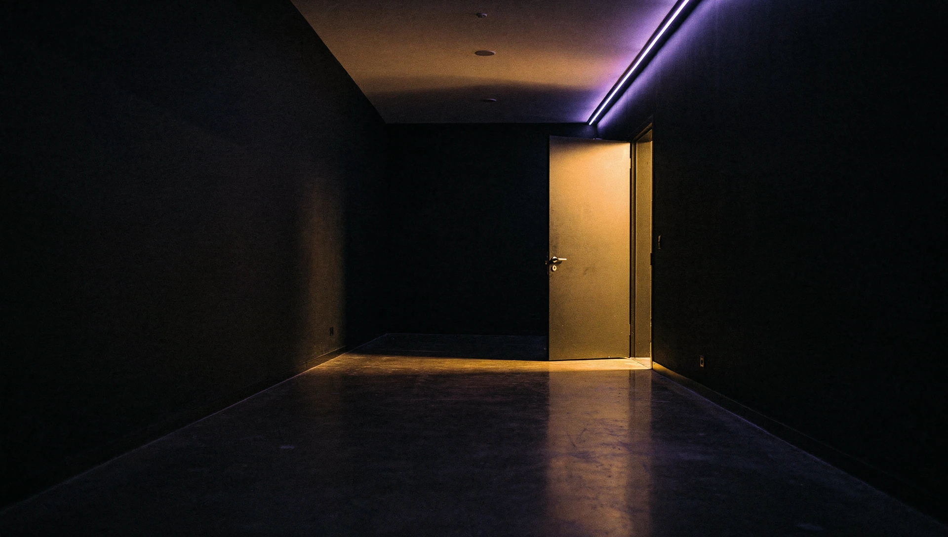 A dark hallway with a purple light strip along the ceiling and an open door at the end, with warm light spilling out.