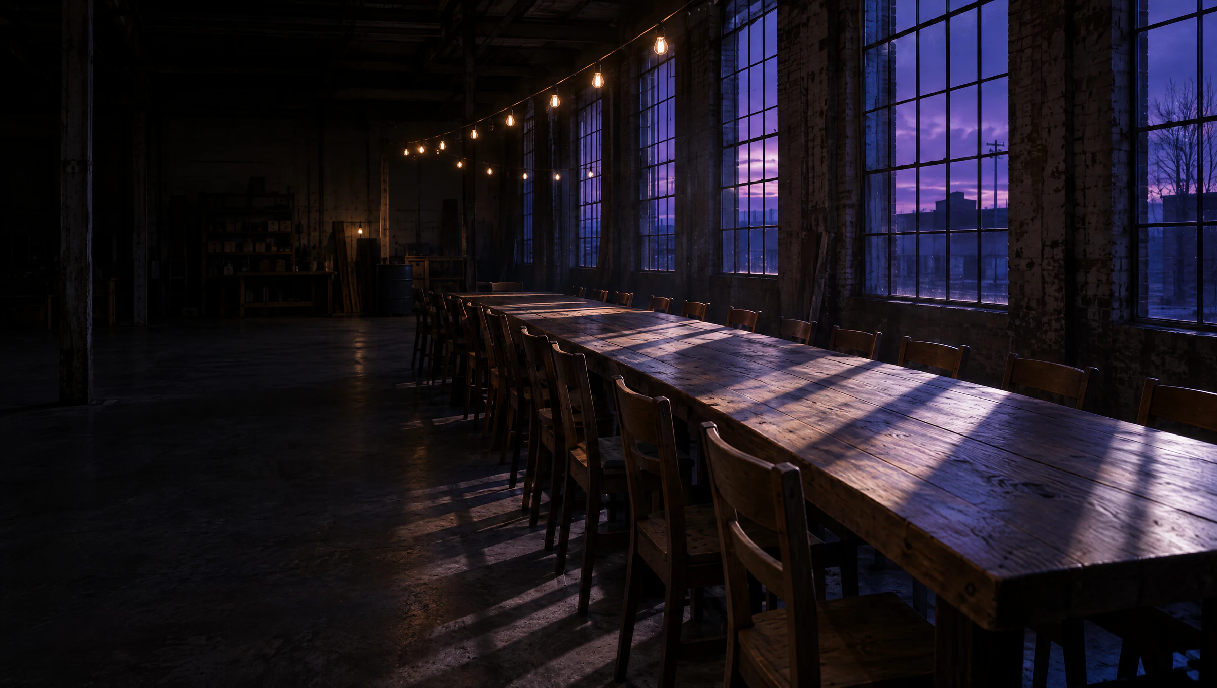A long wooden table with chairs in a dark hall, string lights overhead and tall windows showing a purple evening sky.